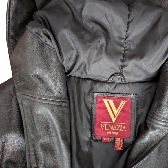 Leather Coat Vtg Venezia long black hooded leather zip front jacket  coat sz 26 - Picture 7 of 10